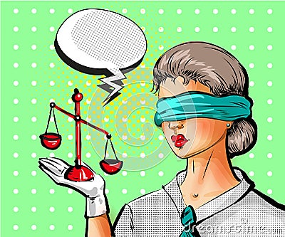 Vector pop art illustration of young woman with scales of justice Vector Illustration