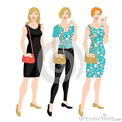 Vector illustration of young women in different clothes. Vector Illustration