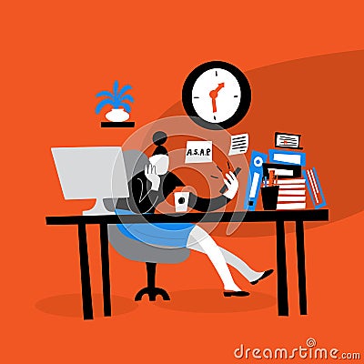 Vector illustration of young women sitting on her workplace and watching phone. Procrastination. Flat cartoon style. Red Vector Illustration