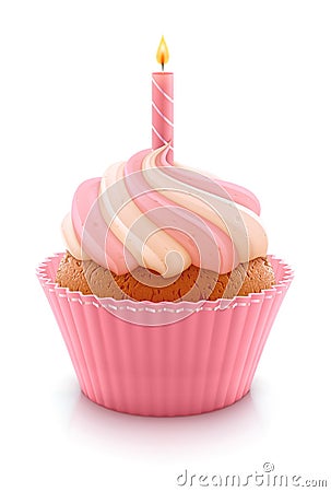 Birthday cupcake with pink candle Vector Illustration