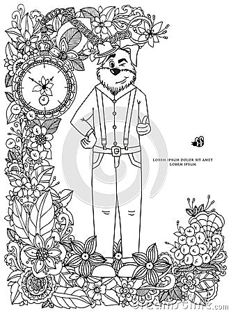 Vector illustration Zen Tangle, a dog in a flower frame. Doodle drawing. Vector Illustration