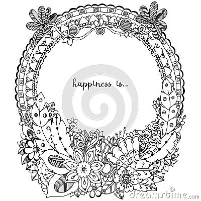 Vector illustration Zen Tangle, doodle round frame with flowers, mandala. Coloring book anti stress for adults. Black white. Vector Illustration