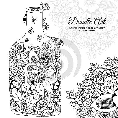 Vector illustration Zen Tangle with flowers bottle. Doodle frame. Vector Illustration