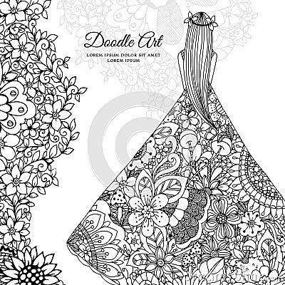 Vector illustration Zen Tangle girl in a floral dress. Doodle flowers, tree. Coloring book antis stress for adults Vector Illustration