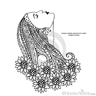 Vector illustration Zen Tangle isolated girl with flowers. Doodle drawing. Vector Illustration