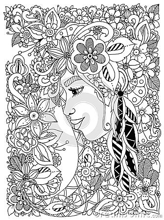 Vector illustration Zen Tangle portrait of a woman in a flower frame. Vector Illustration