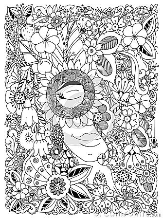 Vector illustration Zen Tangle portrait of a woman in a flower frame. Doodle flowers, forest, garden. Coloring book anti stress Vector Illustration