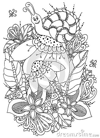 Vector illustration Zen Tangle Snail on flowers. Doodle drawing. Coloring book anti stress for adults. Black white. Vector Illustration