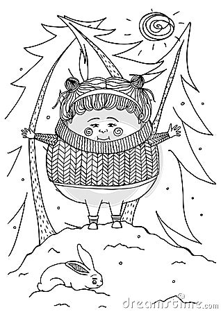 Vector illustration zentagl girl in the forest Christmas. Doodle drawing. Vector Illustration
