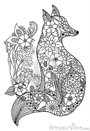 Vector illustration zentagl, portrait chanterelles among the flowers. Doodle drawing. Meditative exercises. Coloring book anti str Cartoon Illustration