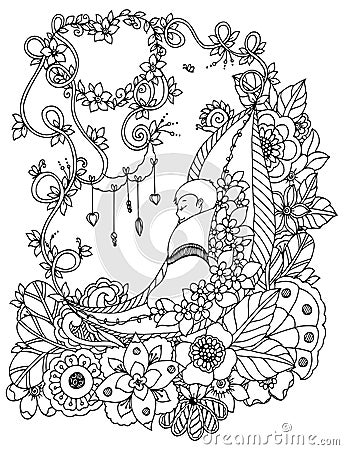 Vector illustration zentangl, the baby is sleeping in the flowers. Doodle drawing. Coloring book anti stress for adults Vector Illustration