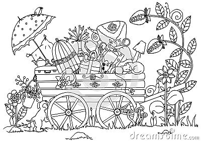 Vector illustration zentangl , cart with things, travel, nature. Doodle drawing. Meditative exercises. Coloring book Vector Illustration