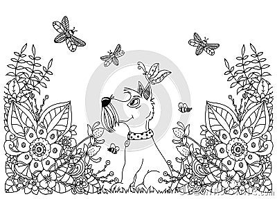 Vector illustration zentangl dog in flowers. Doodle floral drawing. A meditative exercises. Coloring book anti stress Vector Illustration