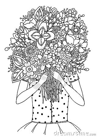 Vector illustration zentangl, a girl and bouquet of flowers. Doodle drawing. Meditative exercises. Coloring book anti Vector Illustration