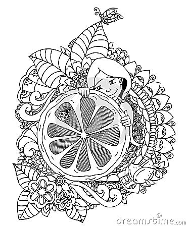 Vector illustration zentangl, girl holding lemon in the flowers. Doodle drawing. Meditative exercise. Coloring book anti Vector Illustration