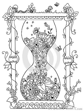 Vector illustration zentangl hourglass with flowers. Time, flowering, spring, doodle, zenart, summer, mushrooms, nature Vector Illustration