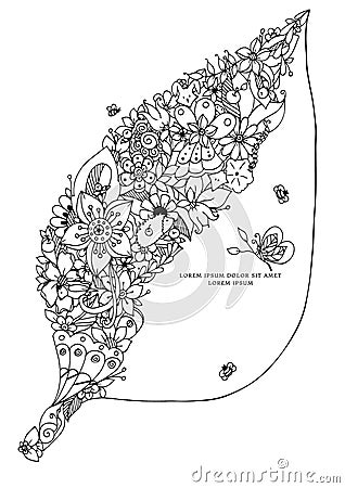 Vector illustration zentangl leaf with flowers. Vector Illustration