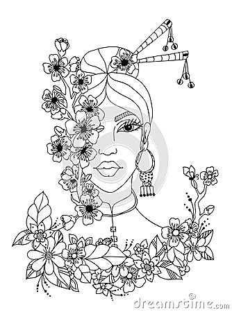 Vector illustration zentangl portrait of Japanese women, doodle flowers, sakura, frame, spring, bloom. Coloring book Vector Illustration