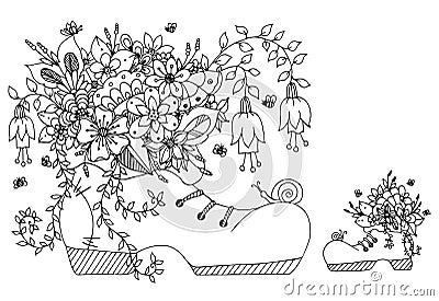 Vector illustration zentangl shoe with flowers. Doodles Art spring flowering, summer, butterfly, laces. Coloring book Vector Illustration