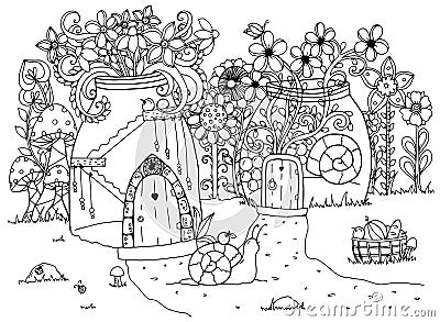 Vector illustration zentangl, Snail and the house. Doodle drawing pen. Coloring page for adult anti-stress. Black white. Vector Illustration