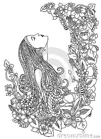 Vector illustration zentangl woman in flowers. He looks up, profile, portrait, doodle frame, owl, dudling flowers zenart Vector Illustration