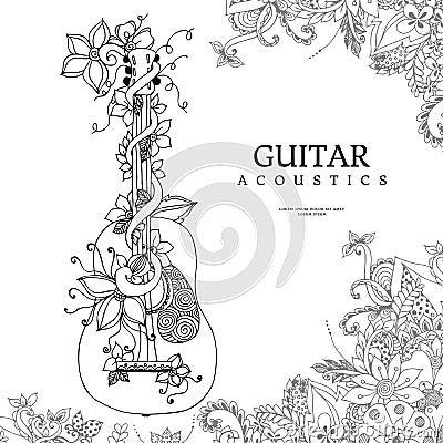 Vector illustration zentangle guitar with flowers in frame of flowers, acoustics, strings, doodle, zenart. Adult coloring Vector Illustration