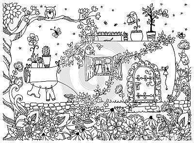 Vector illustration zentangle house in a bottle. The tale doodle, zenart, garden, flowers, tree, owl. House fabulous door Vector Illustration