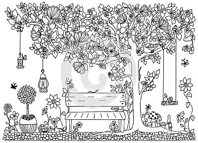 Vector illustration zentangle park, garden, spring: bench, a tree with apples, flowers, swing, doodle, zenart, dudling Vector Illustration