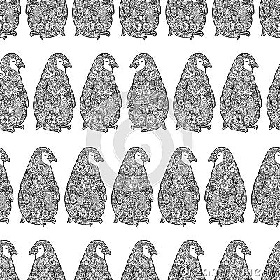 Vector illustration of Zentangle penguins. Seamless pattern of Antarctica. Zen tangle coloring book. Vector Illustration