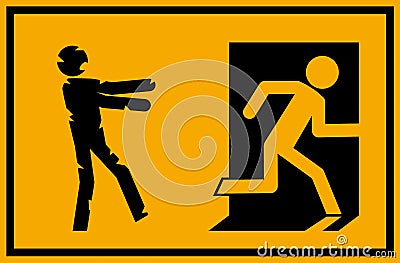 Vector illustration - zombie emergency exit sign with a stick figure silhouette undead chasing a person trying to escape Vector Illustration