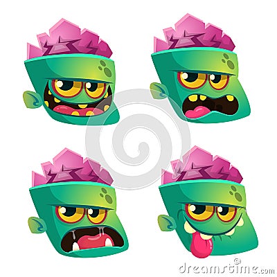 Vector illustration of Zombie face emoticons set. Halloween emoji icons. Vector Illustration