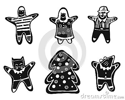 Vector illustratione gingerbread set of man, girl, tree, cat and mouse black and white isolated on white background for Vector Illustration