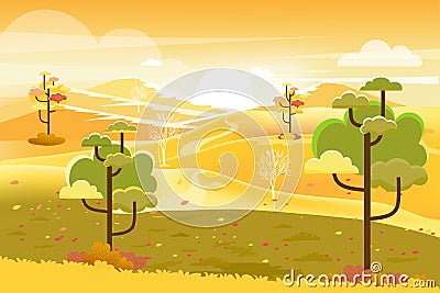 Vector illustrationn of panorama autumn landscape in english countryside with forest trees and leaves falling,Panoraic of farm Vector Illustration