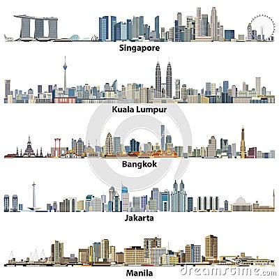 Vector illustrations of asian citiesSingapore, Kuala Lumpur, Bangkok, Jakarta and Manila skylines Vector Illustration