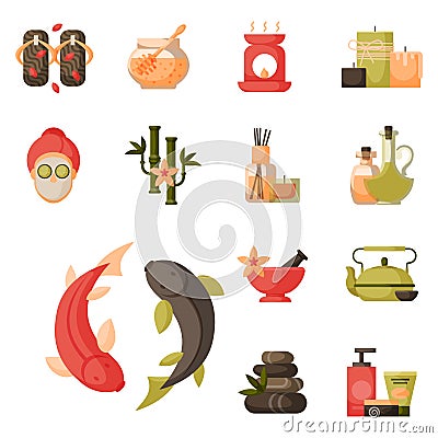 Vector illustrations of beautiful woman spa treatment, beauty procedures wellness icons. Vector Illustration