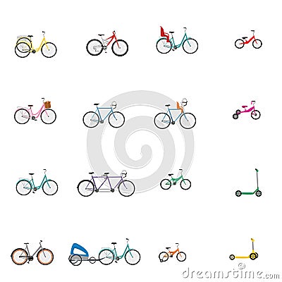 Vector illustrations of bicycle, child bike seat and kick scooter Stock Photo