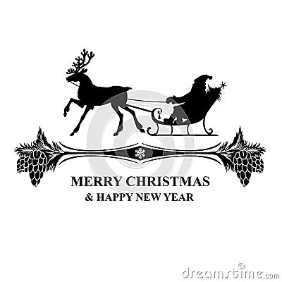 Silhouette Santa riding on reindeer sleigh greeting icon Vector Illustration