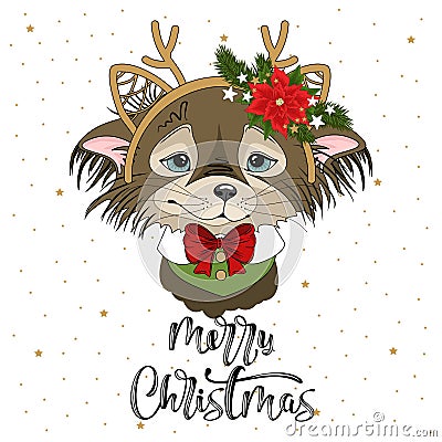 Cute festive dog with the inscription Merry Christmas for posters Vector Illustration