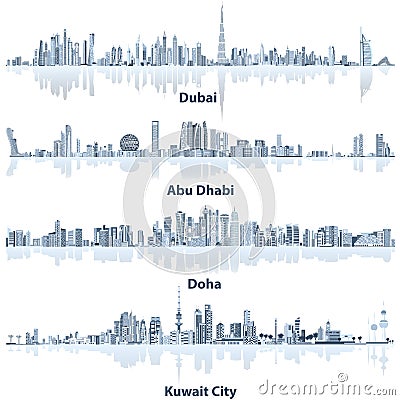 Vector illustrations of Dubai, Abu Dhabi, Doha and Kuwait city skylines Vector Illustration