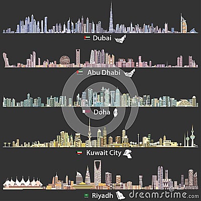 Vector illustrations of Dubai, Abu Dhabi, Doha, Riyadh and Kuwait city skylines at night Vector Illustration