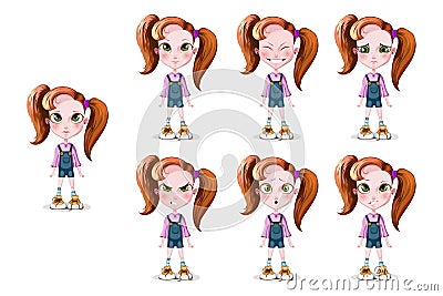 Vector illustration of emotions of a little girl with big green eyes and foxy hair Vector Illustration