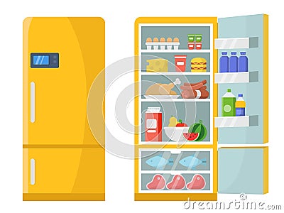 Vector illustrations of empty and closed refrigerator with different healthy food Vector Illustration