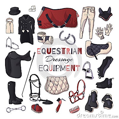 Vector illustrations on the equestrian equipment theme. Dressage Vector Illustration