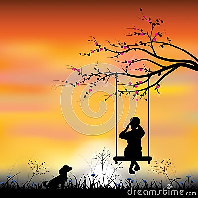 Vector illustrations Girl playing the swings Vector Illustration