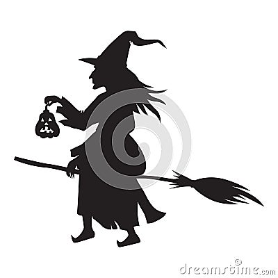 Halloween scary witch on broom fly silhouette Vector Illustration