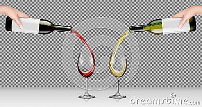 Vector illustrations of hands holding glass bottles with white and red wine and pour it into transparent glasses Vector Illustration