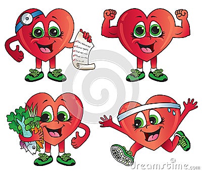 Vector illustrations of healthy cartoon hearts Cartoon Illustration