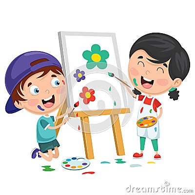 Vector Illustrations Of Kids Painting On Canvas Vector Illustration
