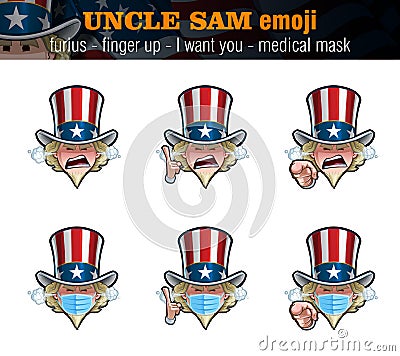 Uncle Sam Emoji - Furious - Index Finger Up - I Want You - Surgical Mask Vector Illustration