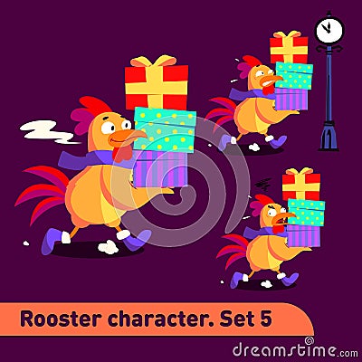Vector illustrations set includes three running poses of rooster character with different emotions carying gift boxes Vector Illustration